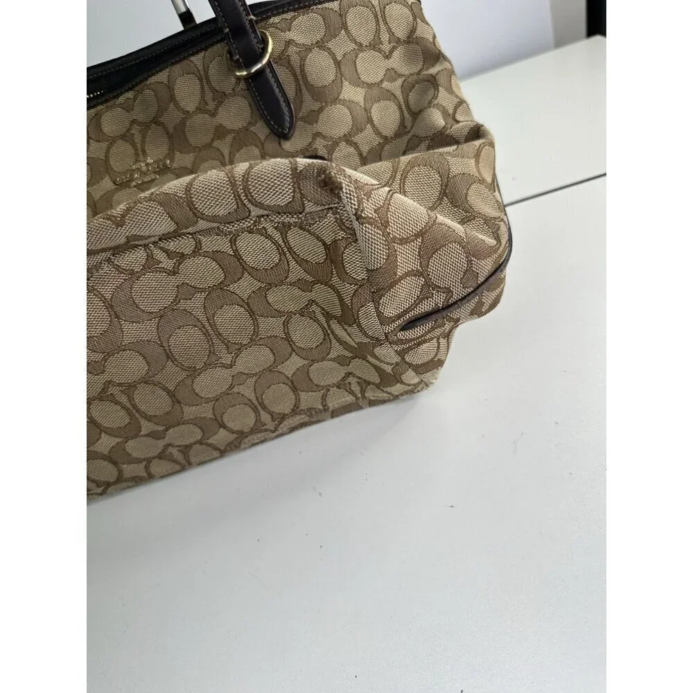 COACH TAYLOR PURSE Khaki & brown Signature C Jacquard Shoulder Tote Bag 37229